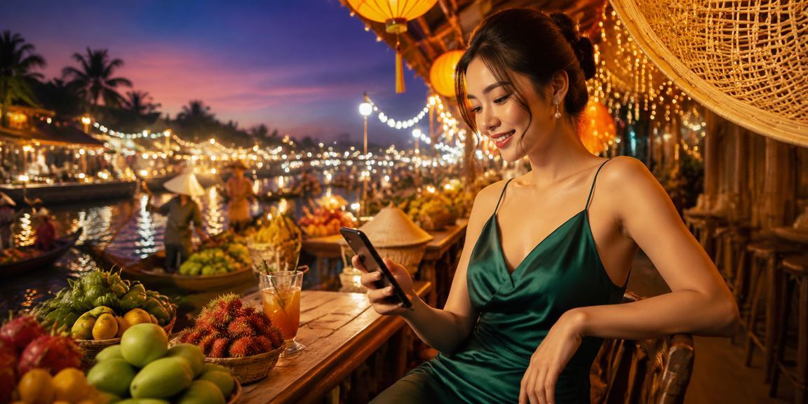 Người phụ nữ đội nón lá chơi casino trên điện thoại tại vùng Mekong